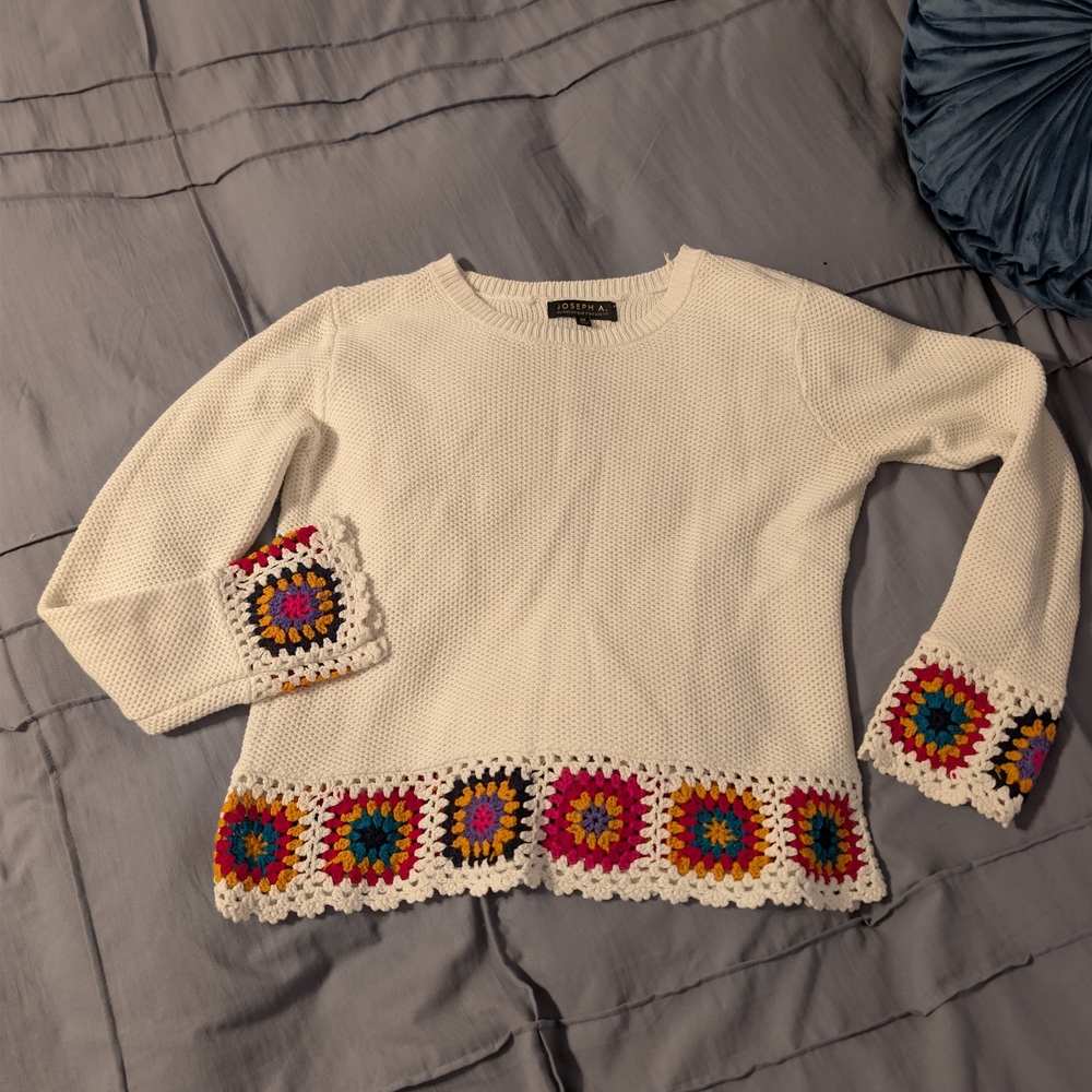 Vintage Y2K Joseph A Granny Square Crochet Border Sweater White Knit Size M - Picture 2 of 7